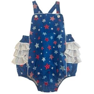 Posh Pickle Girls Sunsuit Romper Size 2 Patriotic Stars Ruffle 4th Of July
